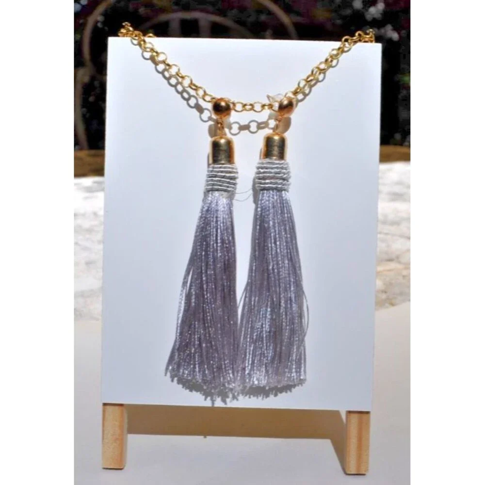 Gold-tone Boho Gypsy earrings with Gold Post Silver Gray Tassel - Picture 2 of 4